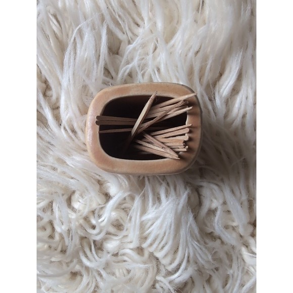 Vintage Mini Square Tan Mushroom Applique Toothpick Holder, Japan Enesco - Picture 6 of 8